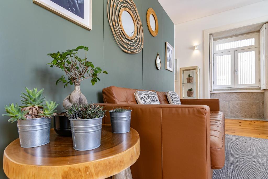a living room with a couch and a table with potted plants at Cozy Studio Apartment in Porto