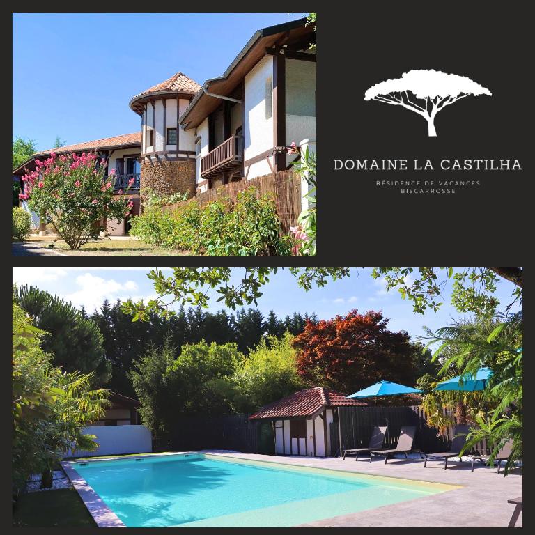 un collage de deux photos d'une maison et d'une piscine dans l'établissement Domaine La Castilha, à Biscarrosse