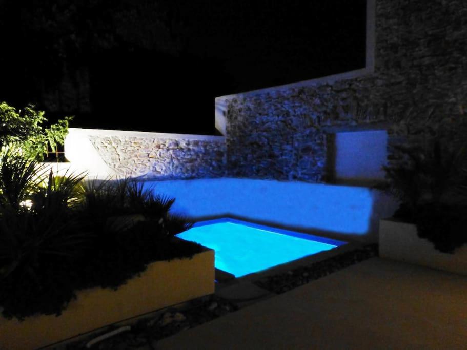 a swimming pool in a yard at night at L&#39;Accent d&#39;ici in Le Somail