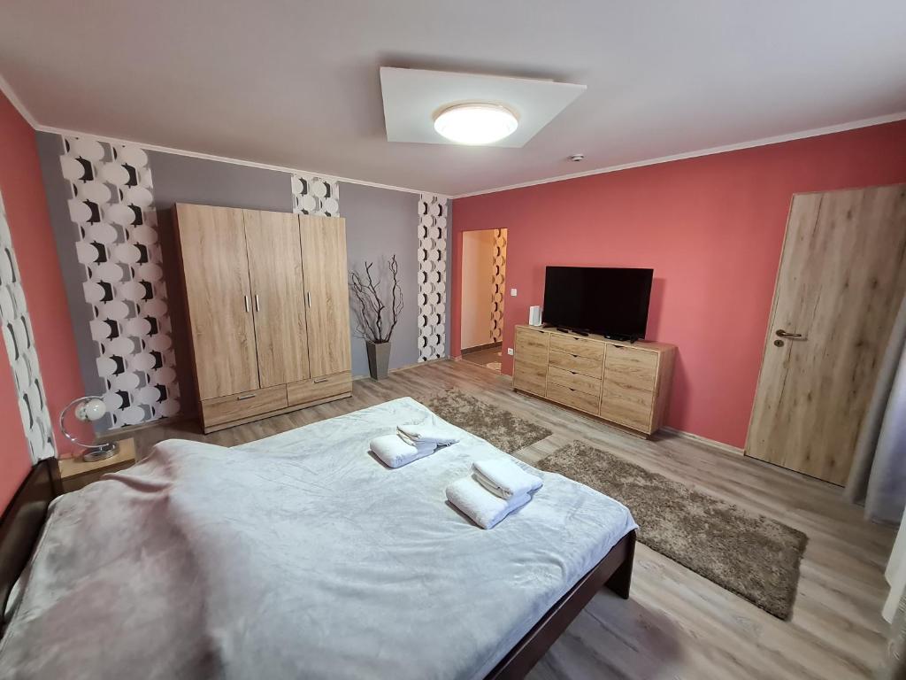 a bedroom with a large bed and a flat screen tv at Tatabánya Újvárosi lakás in Tatabánya