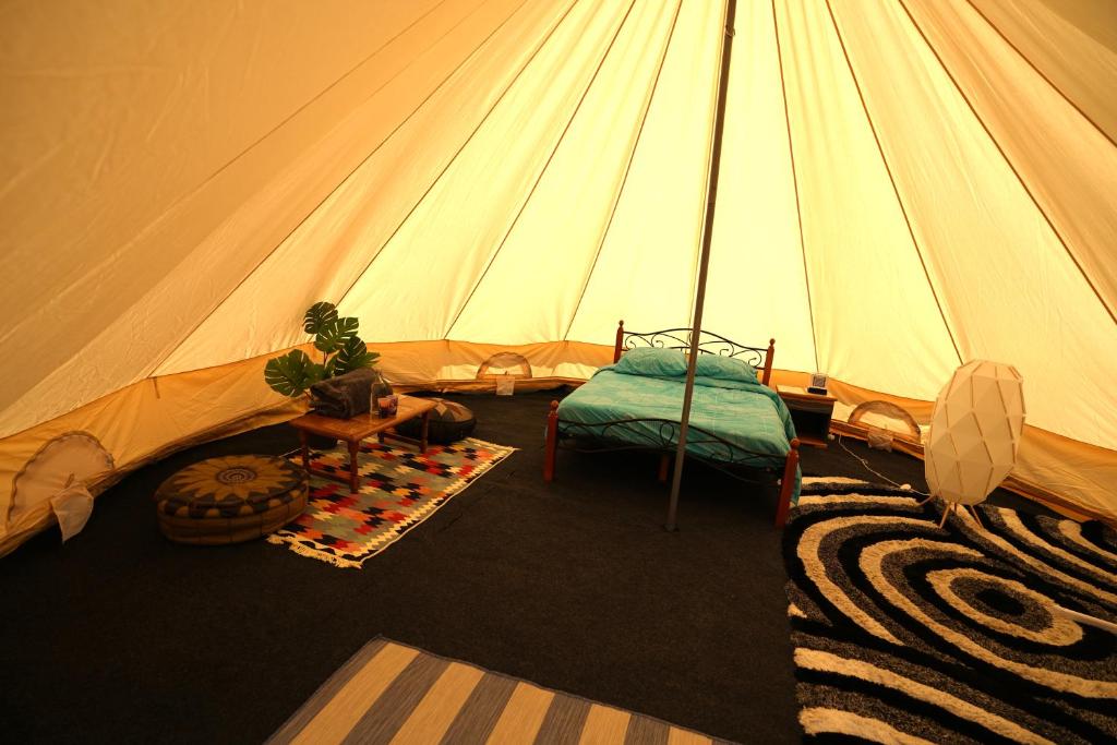a tent with a bed and a chair in a room at Camping Arbre de Vie in Montagnac