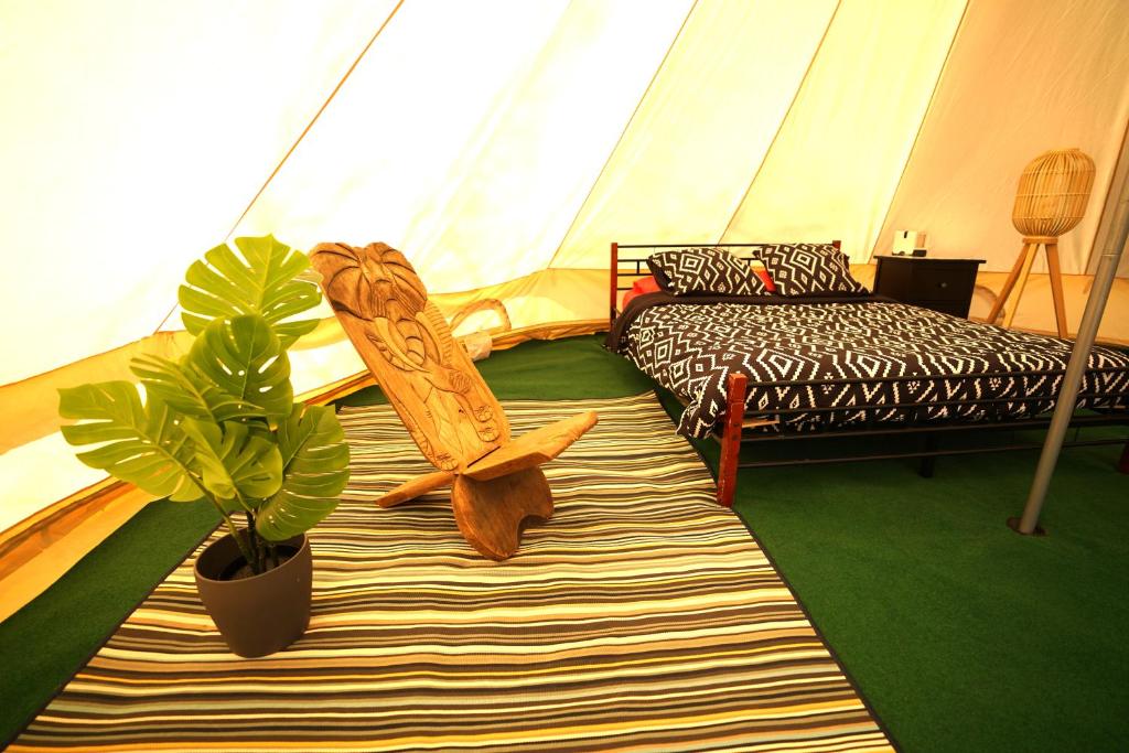 a room with a tent with a bed and a plant at Camping Arbre de Vie in Montagnac