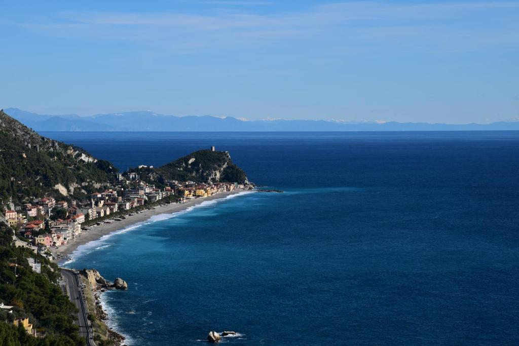 an aerial view of a beach and the ocean at Hotel La Gioiosa in Finale Ligure