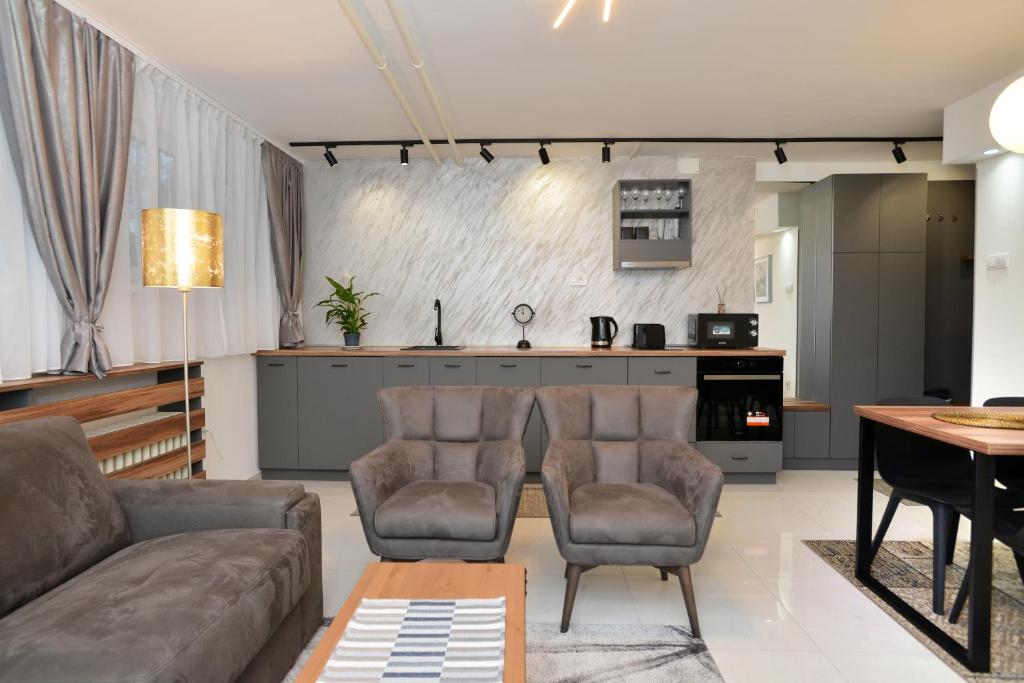 een woonkamer met een bank en stoelen en een keuken bij River&Bike Apartment in Belgrado