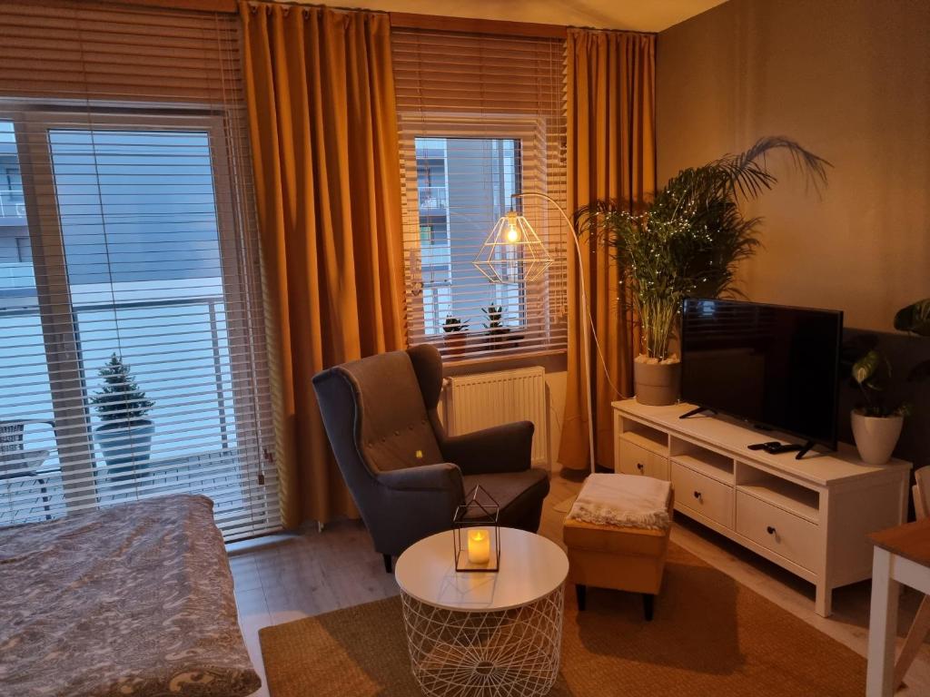 sala de estar con TV, sofá y mesa en Apple Apartments - Mickiewicza PRYWATNE MIEJSCE PARKINGOWE, en Łódź