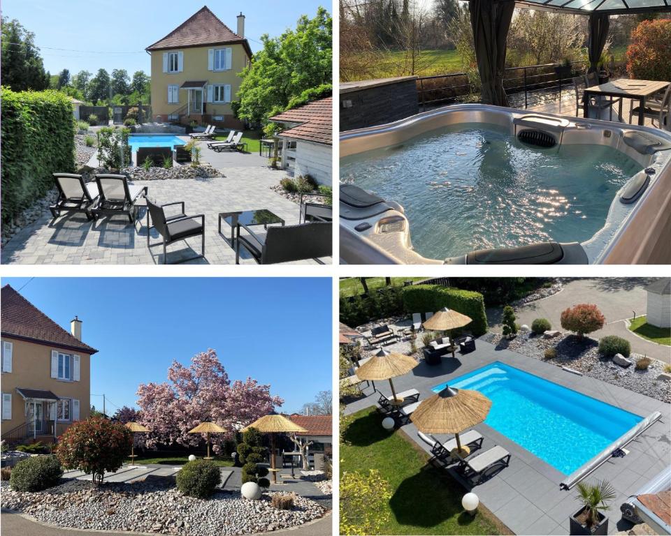 a collage of four pictures of a swimming pool at Les Rives des Habsbourg in Ensisheim