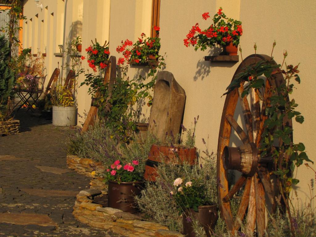 un jardín con flores en macetas y una rueda de madera en Pokoje Gościnne Skalnik en Kostrzyn nad Odrą