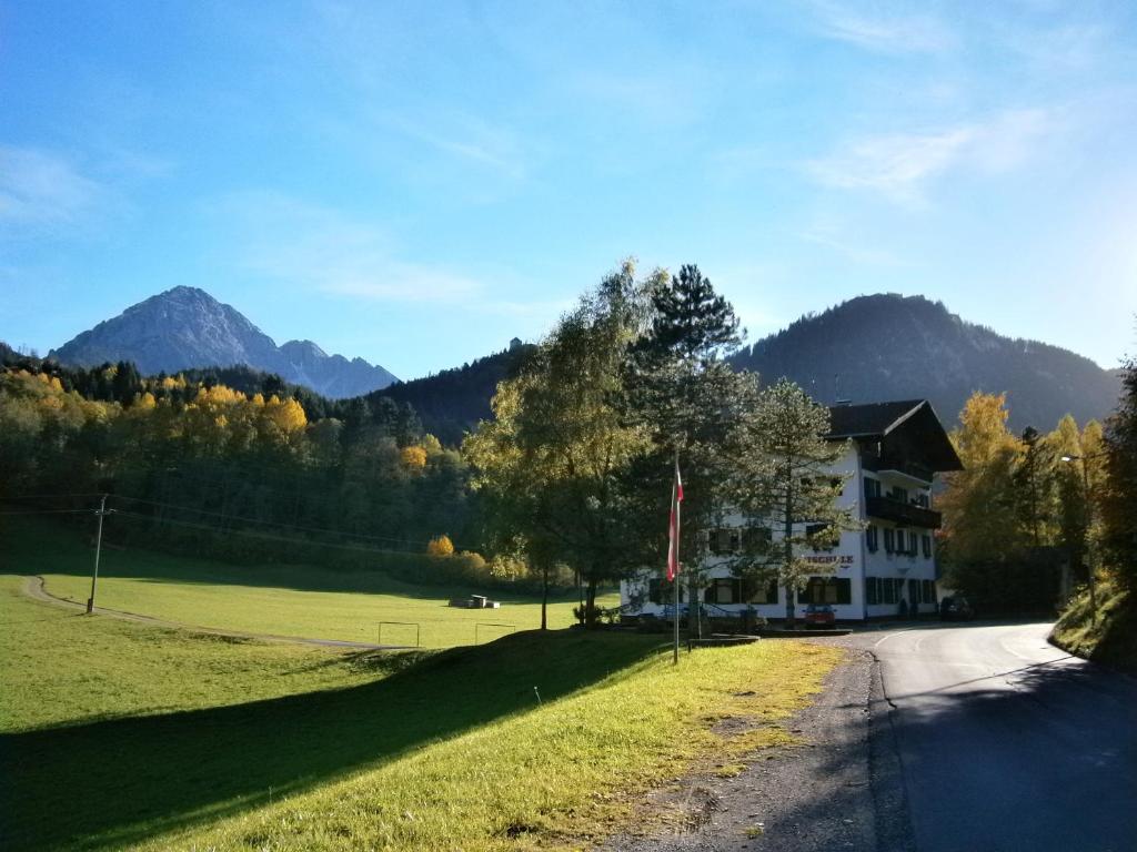 a house on the side of a road with mountains at Pension Waldrast in Ehenbichl