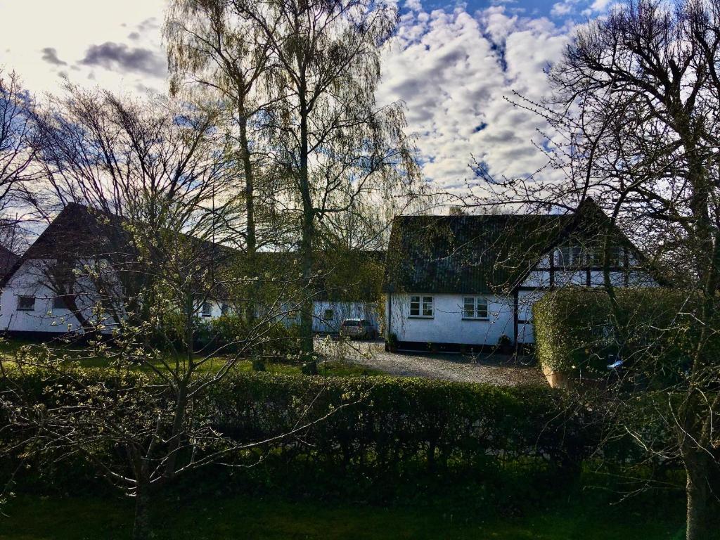 a couple of white houses in a yard at Hvidegaard Møn in Stege