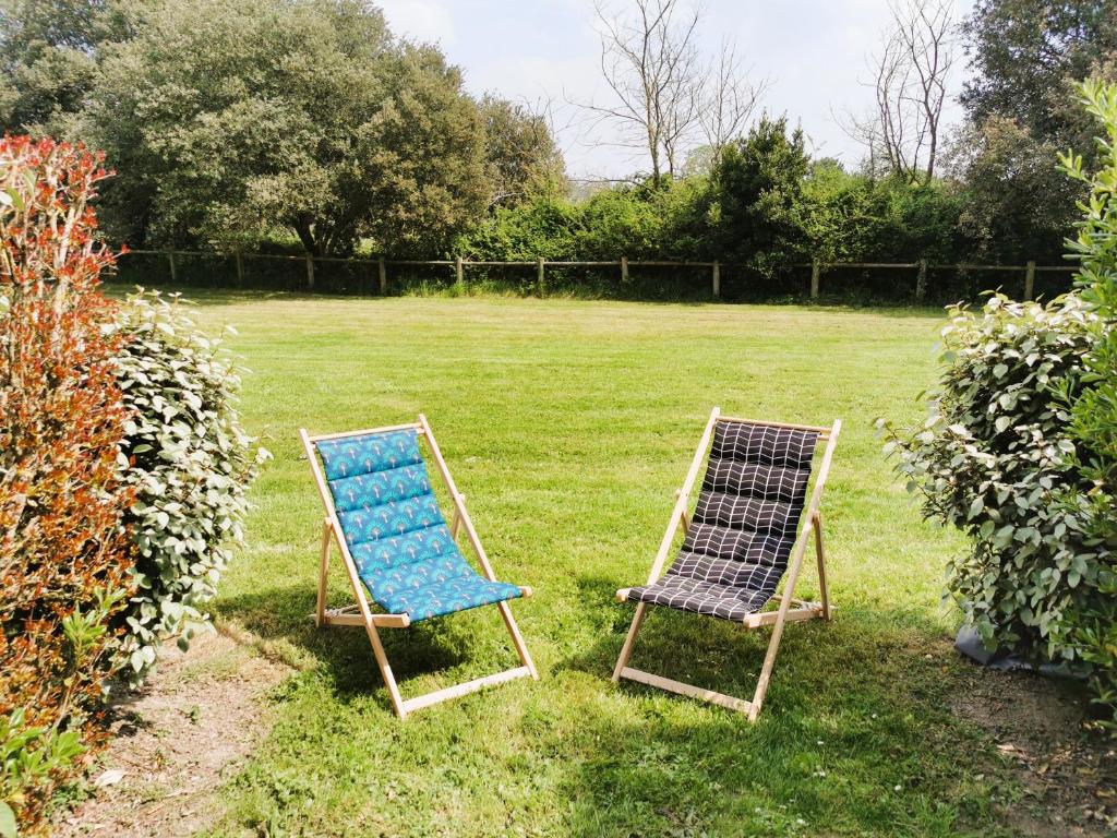 two chairs sitting in the grass in a yard at Le Bosquito - Piscine Avril a Septembre in Saint-Hilaire-de-Talmont