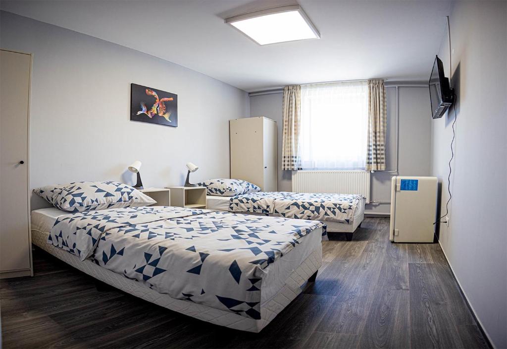 1 dormitorio con 2 camas y TV. en Kisgáti Vendégház, en Kaposvár