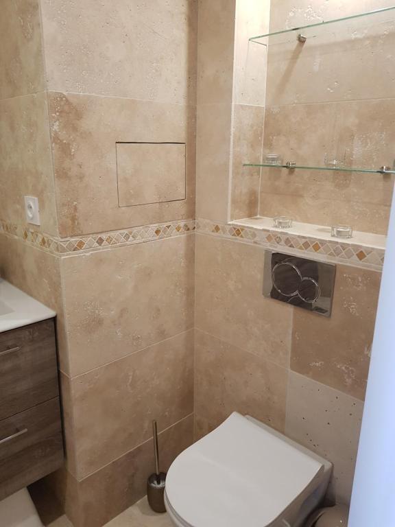 a bathroom with a toilet and a glass shower at Appartement en bord de mer in Cannes