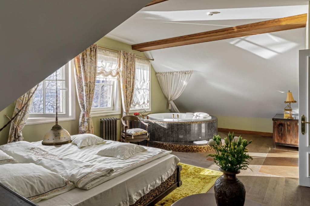 1 dormitorio con 1 cama grande y bañera en Argo Trakai en Trakai