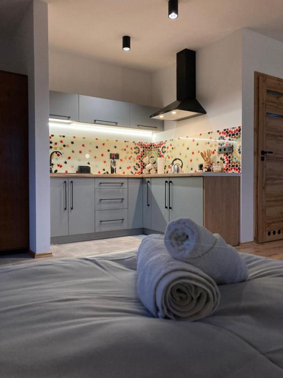 kuchnia z łóżkiem z ręcznikiem w obiekcie Rezydencja pod Cergową Wellness & SPA w mieście Dukla
