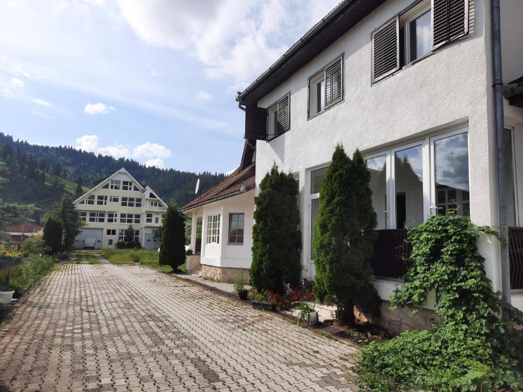 a cobblestone street in front of a house at Antal Apartmans Lunca de Sus Kulcsosház Gyimesfelsőlok in Lunca de Sus