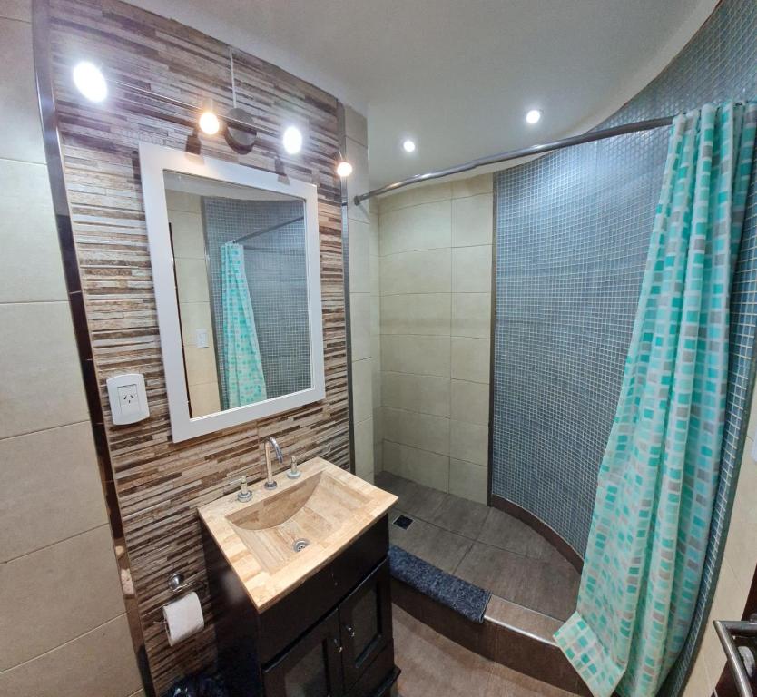 W łazience znajduje się umywalka oraz prysznic z lustrem. w obiekcie Edificio el tulipán w mieście Santa Teresita