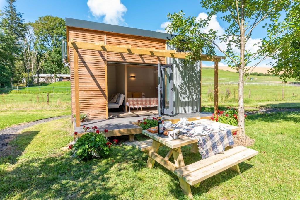 a tiny house with a picnic table in the yard at Sunset Cabins at The Oaks Woodland Retreat in Barnstaple