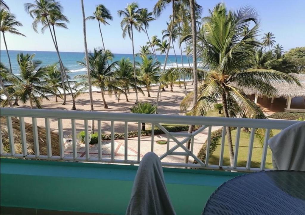a balcony with a view of the beach and palm trees at condominio albatros mar caribe in Juan Dolio