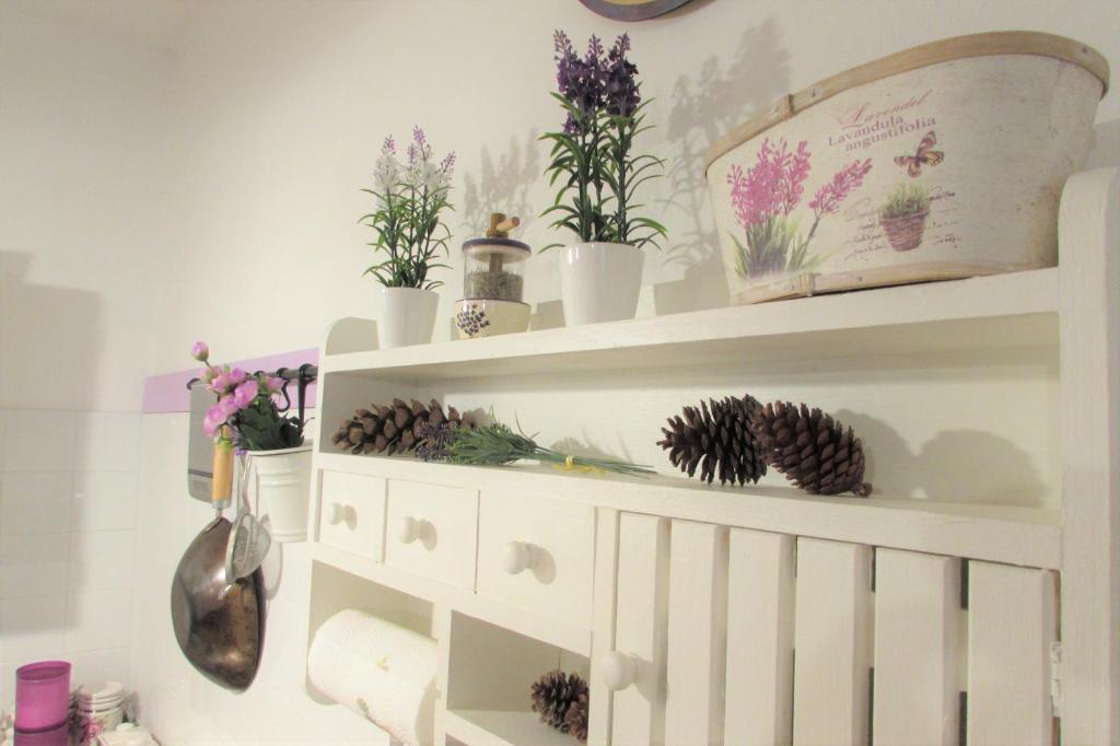 uma prateleira branca com vasos de plantas em cima em Purple House - Arboriamar Platamona em Sorso