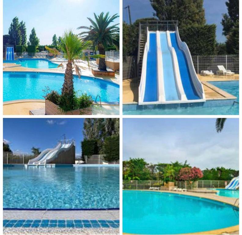 un collage de cuatro fotos de una piscina en Camping l’Europe en Vic-la-Gardiole