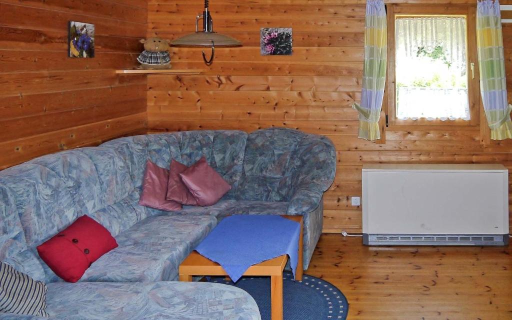 a living room with a couch and a television at Ferienhaus Nr 28, Typ A, Feriendorf Jägerpark, Bayerischer Wald in Viechtach