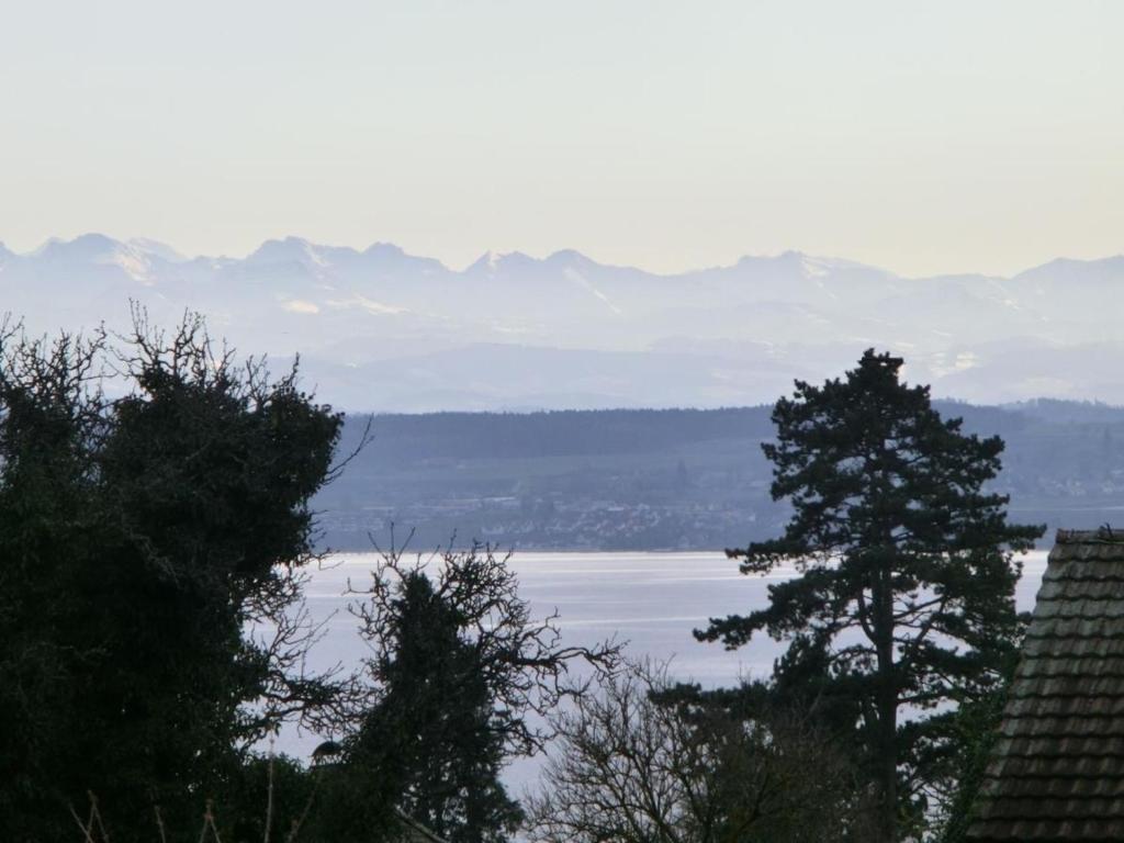 a view of a lake and mountains in the distance at Ferienwohnung Nr 7, Meersburg, Bodensee in Meersburg