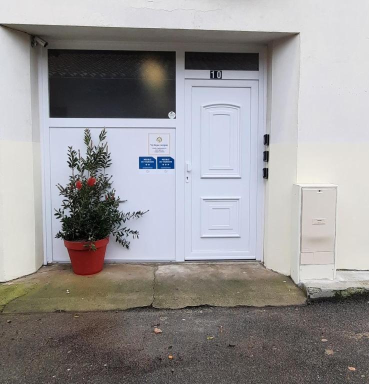 a white door with a plant in front of it at L&#39;Amarillo Clim Wifi Centre ville 4 pers in Lézignan-Corbières