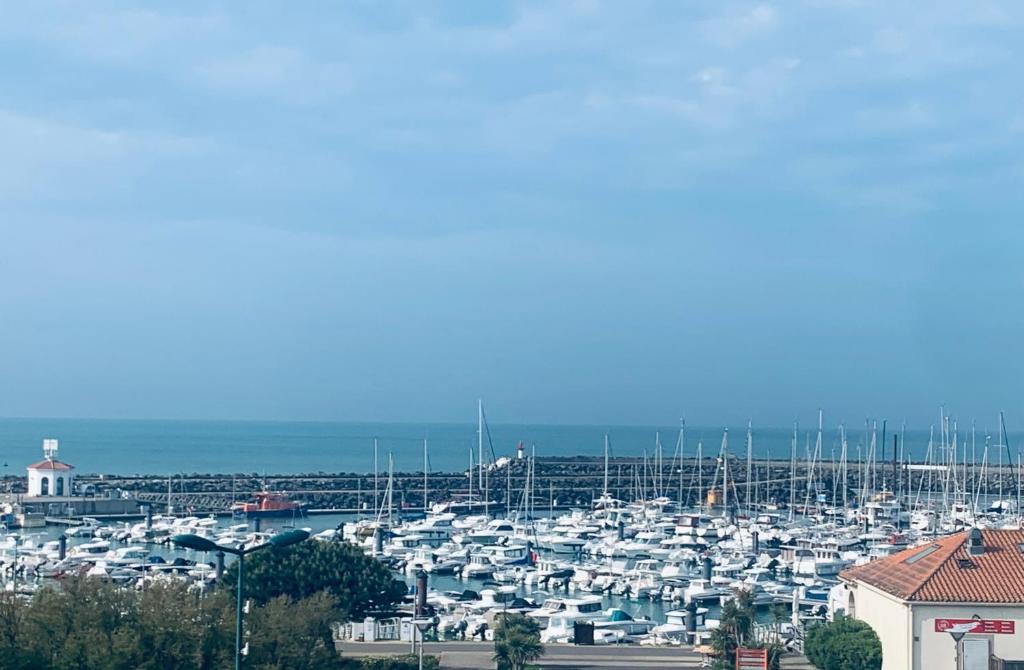 a bunch of boats are docked in a harbor at Appartement vue sur mer in Talmont