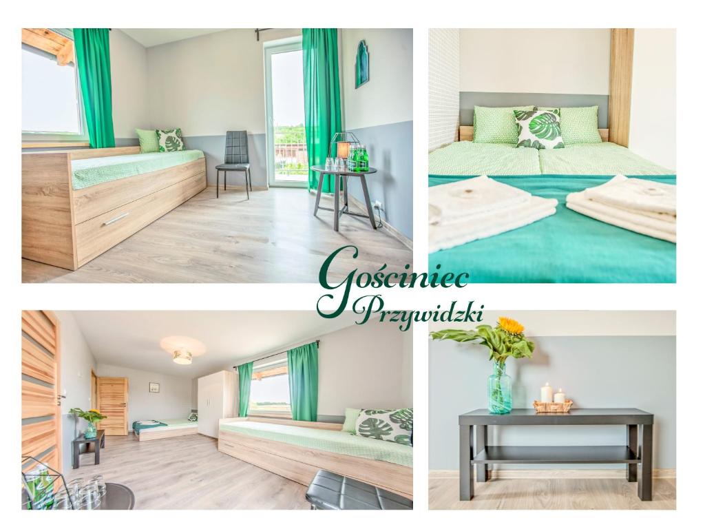 un collage de fotos de un dormitorio con cortinas verdes en Gościniec Przywidzki en Przywidz