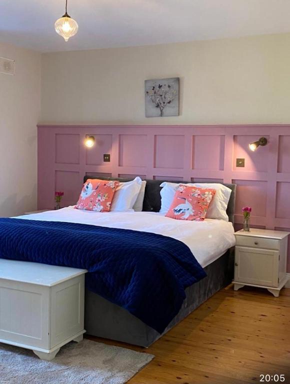a bedroom with a large bed with a purple headboard at Burrowlodge in Kilfenora