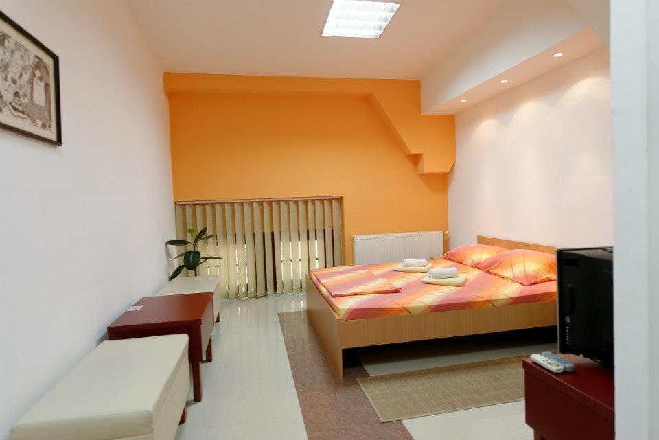 sypialnia z łóżkiem i telewizorem w obiekcie Hostel Paparazzo Apartmens w mieście Kikinda
