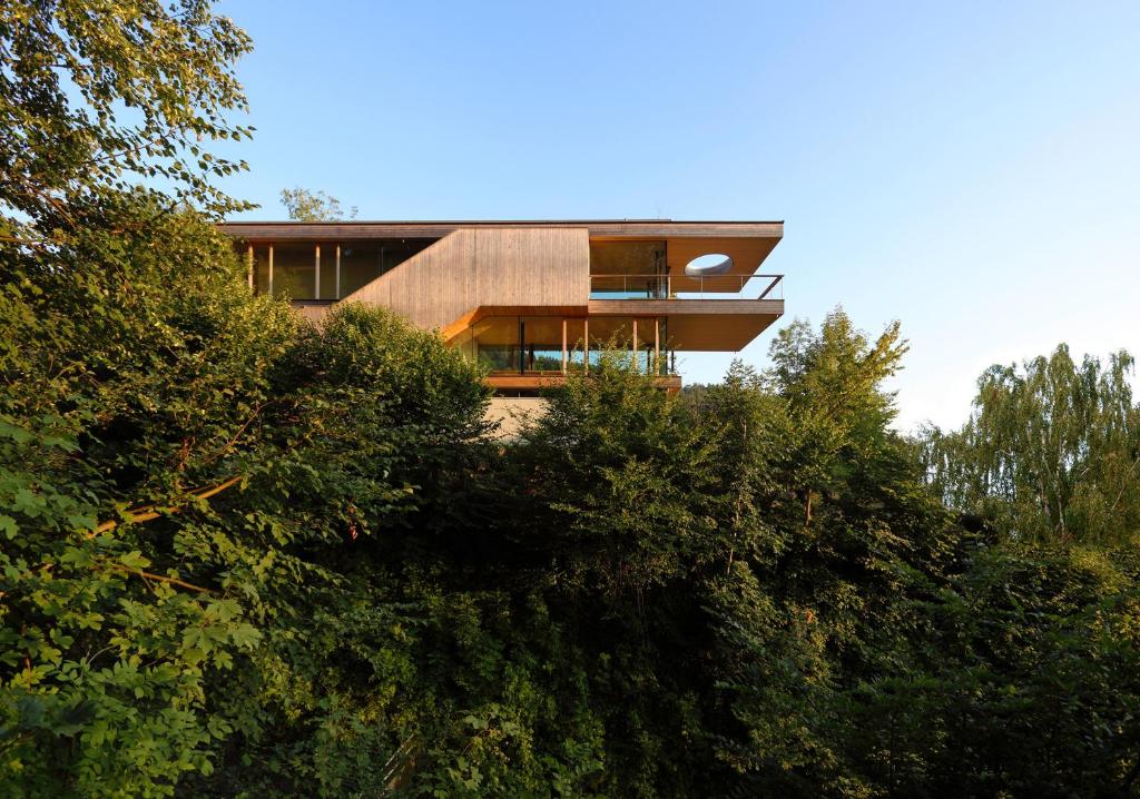 een huis bovenop een heuvel met bomen bij Haus am Felsen, Ferien in Vorarlberger Architektur in Bregenz