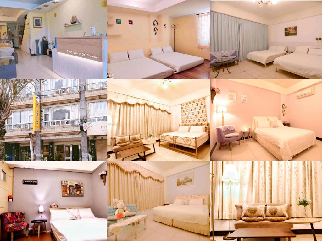 a collage of four pictures of a living room at 旅行者之家精緻漫旅-附免費停車位需預約 in Hualien City