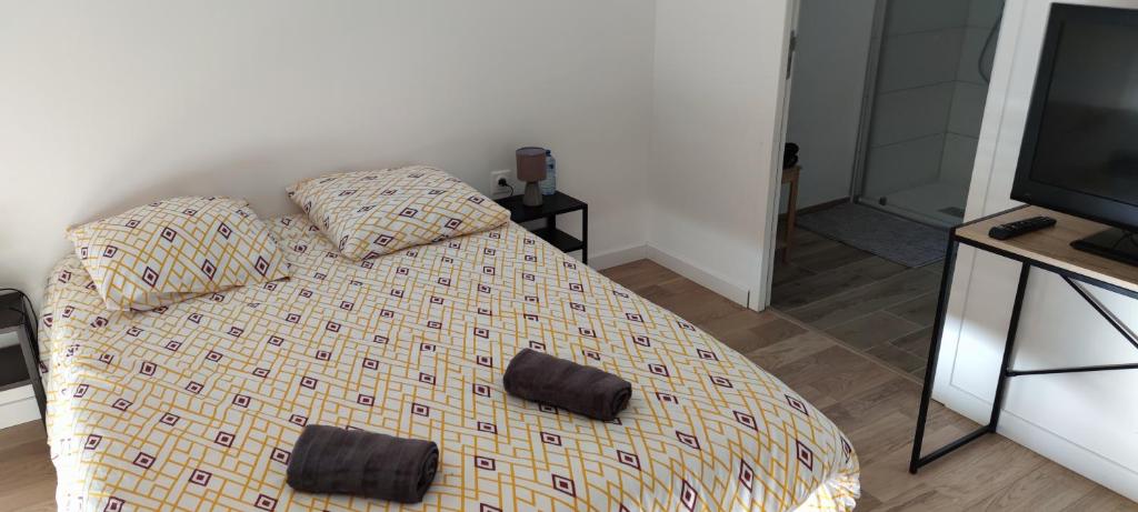 1 dormitorio con 1 cama con 2 almohadas y TV en Chambre indépendante avec terrasse, en Romille