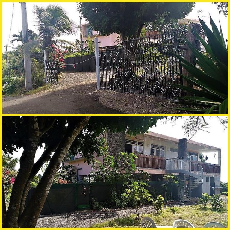 two pictures of a fence in front of a house at Cocon tente dans un ecrin de verdure in Les Abymes