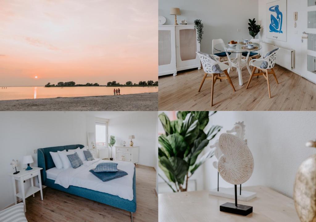 uma colagem de fotos de um quarto e um quarto em Stijlvol appartement op strand Makkum em Makkum