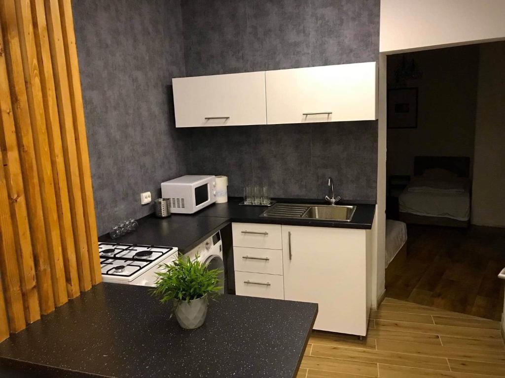 a kitchen with a sink and a stove top oven at Komfort apartman in Vác
