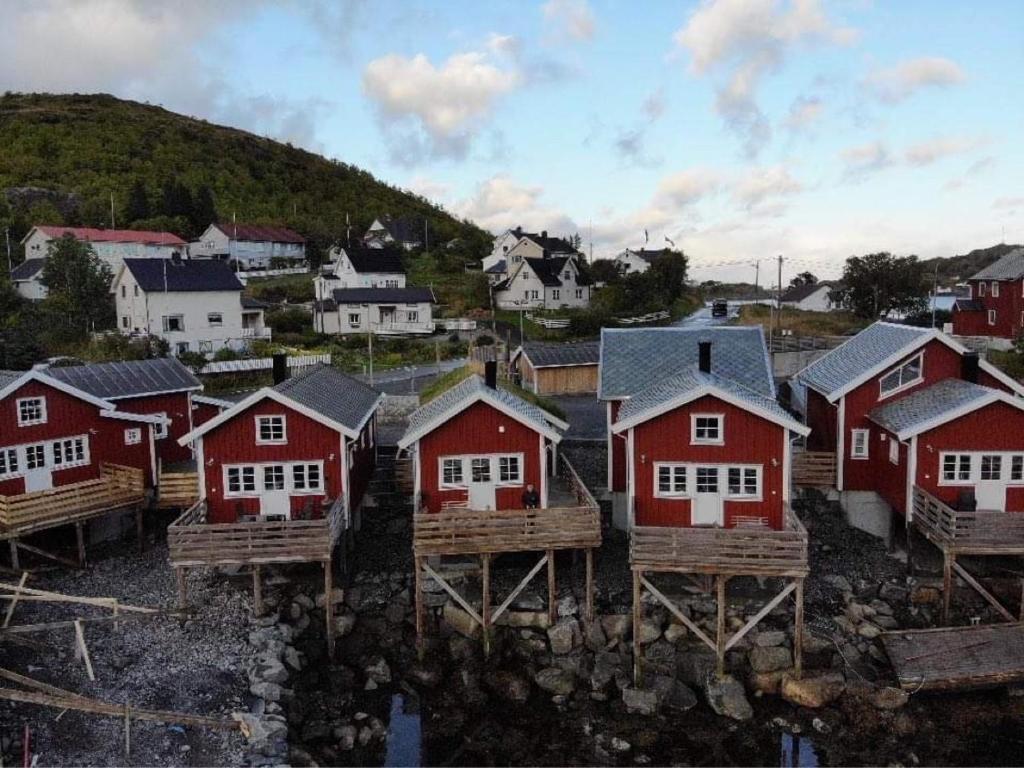 a group of houses in a small town at Madelhea Cabin- Seaview Lodge in Reine