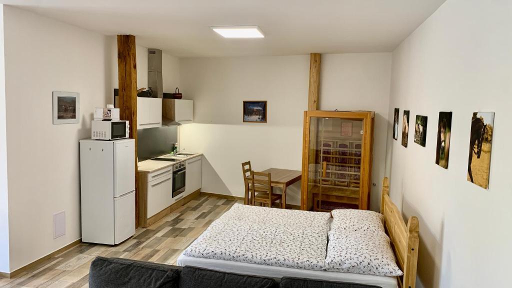 Kuchyň nebo kuchyňský kout v ubytování Apartmány Statek Bezdědice