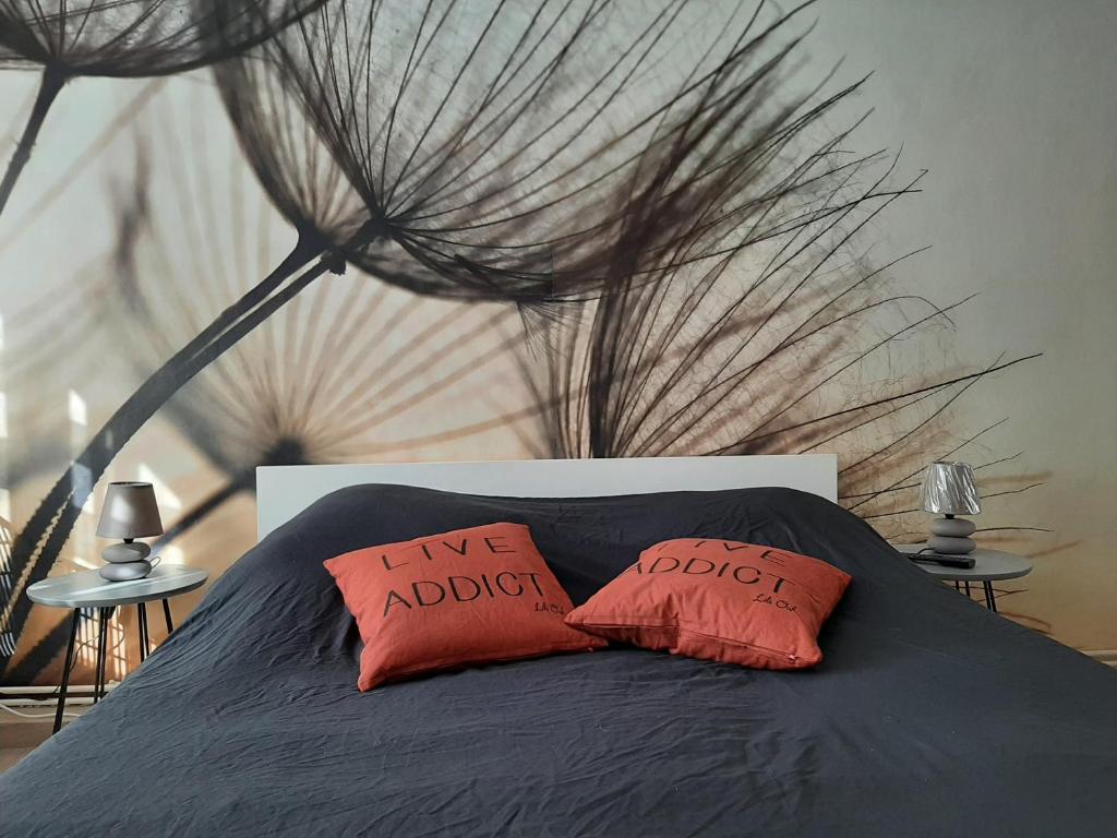 une chambre avec un lit avec deux oreillers rouges dans l'établissement GRAINES AU VENT, à Berck-sur-Mer