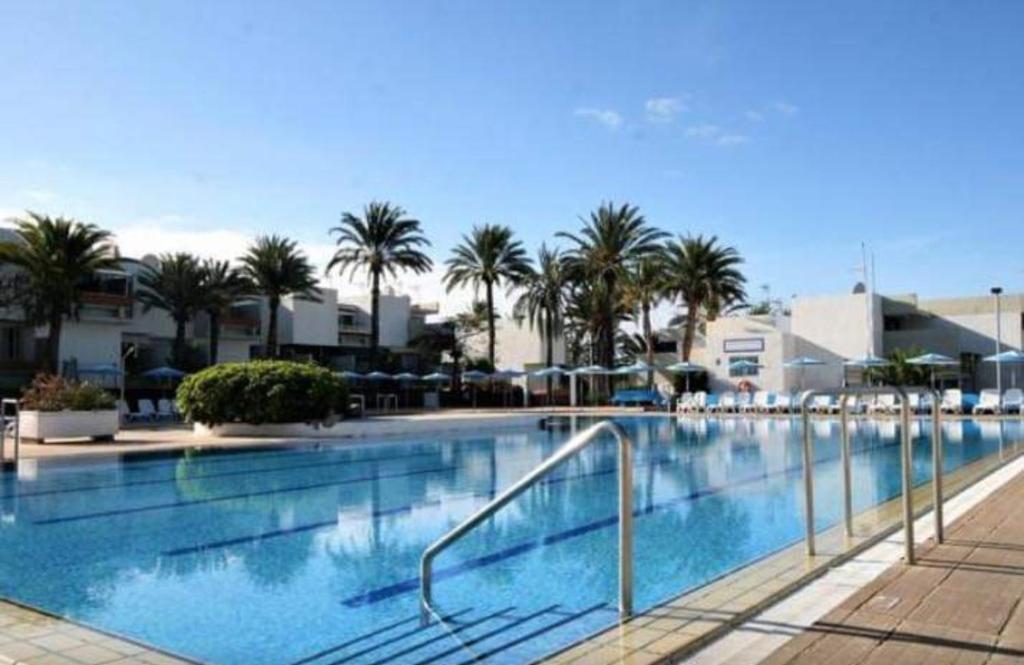a large swimming pool with palm trees and buildings at Ideal holiday apartment in the south of Tenerife in Costa Del Silencio