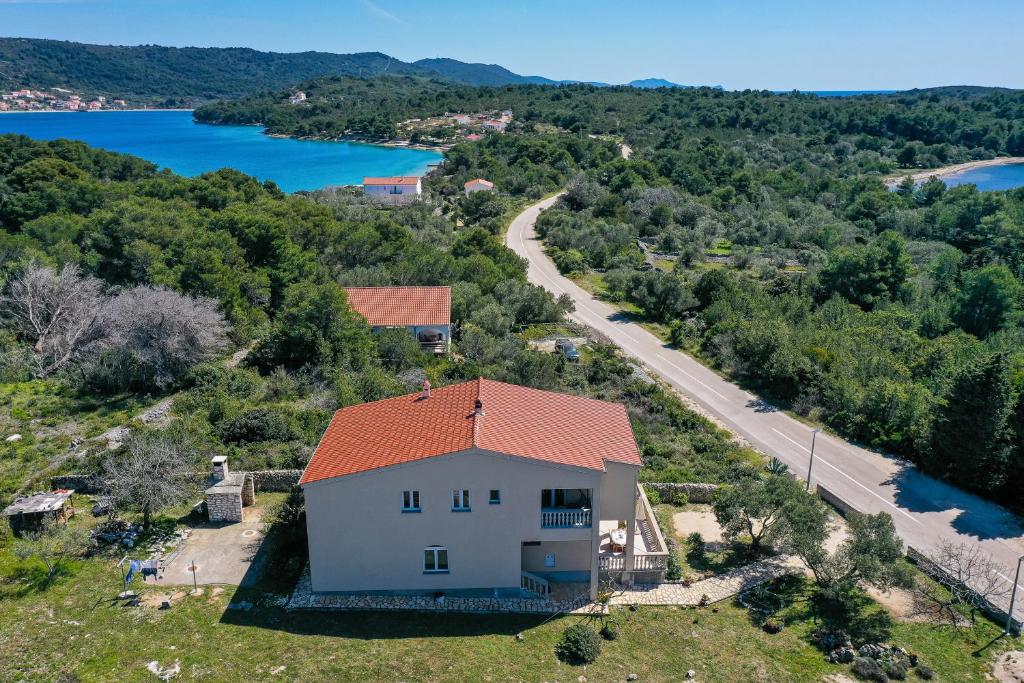 an aerial view of a white house with a red roof at Apartments Marta in Verunić