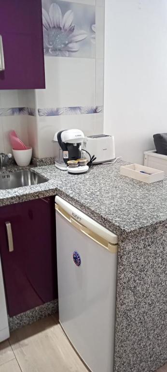 a kitchen with a white refrigerator and a sink at Aparthotel Minerva in Benalmádena
