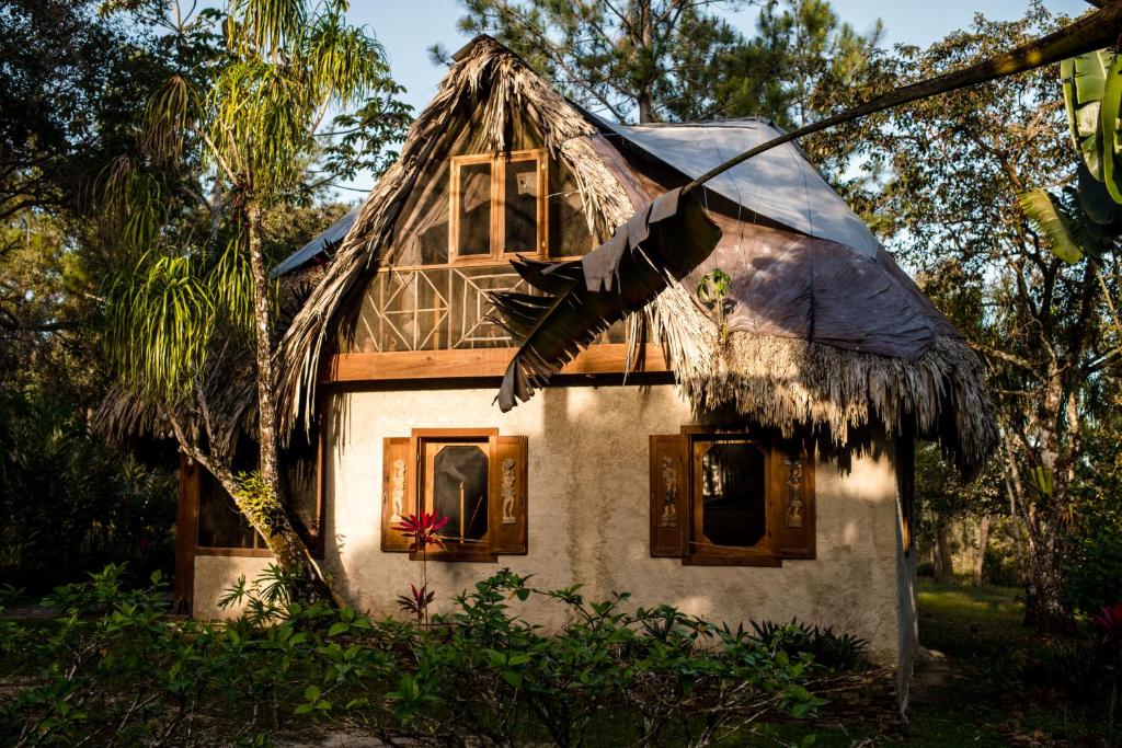 uma pequena casa com telhado de palha em Pine Ridge Lodge em San Ignacio