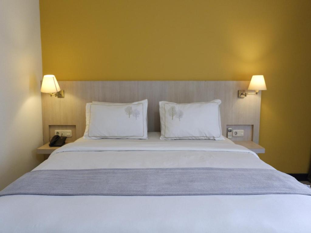1 dormitorio con 1 cama blanca grande y 2 almohadas en Rio City Hotel, en Palembang