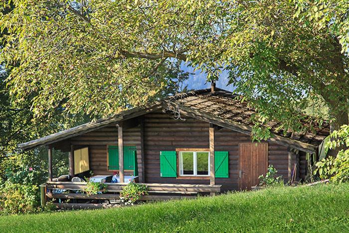 a small log cabin with green shutters on it at Aussersalfner Hütte in Schenna