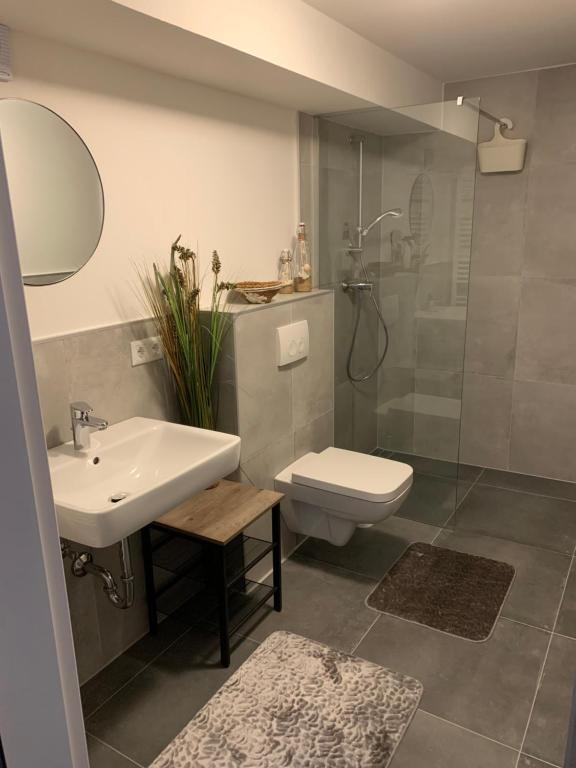 een badkamer met een wastafel, een toilet en een douche bij Apartments WK in Keulen