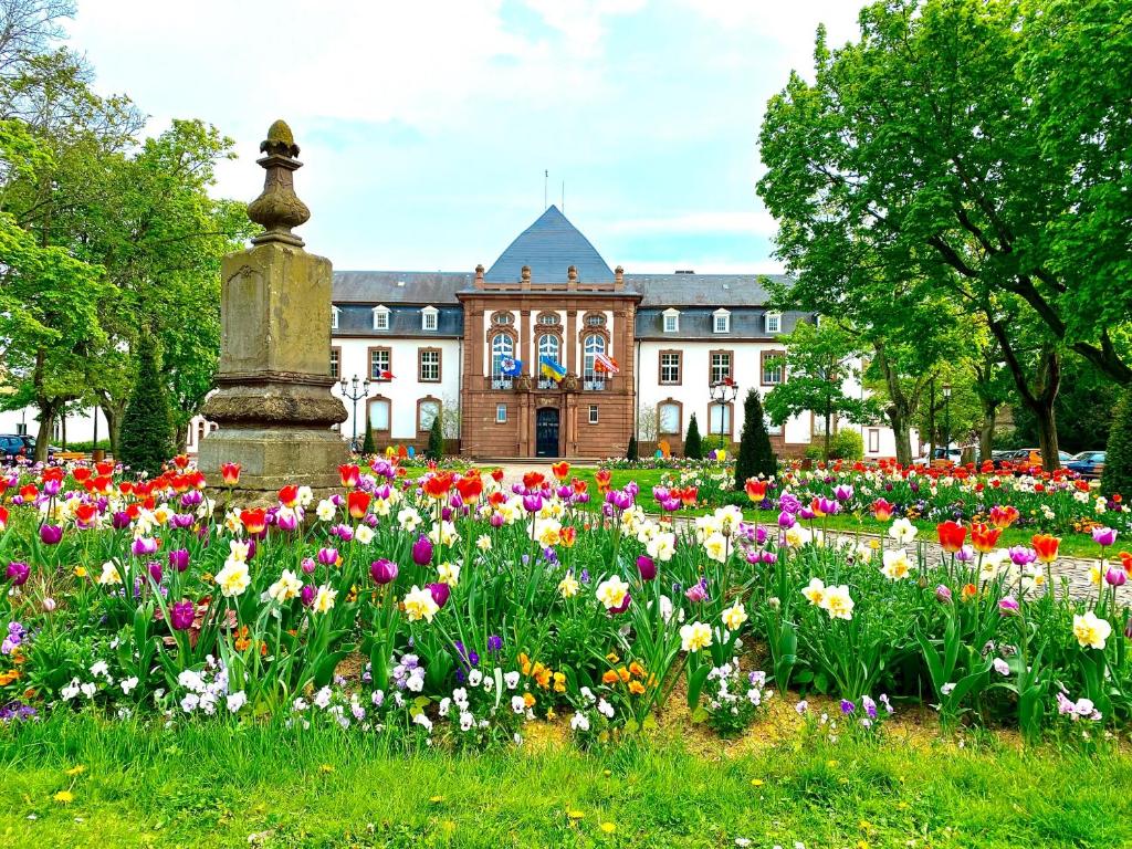 um jardim de flores em frente a um edifício em Charmant studio à Haguenau, à 25mn de Strasbourg em Haguenau