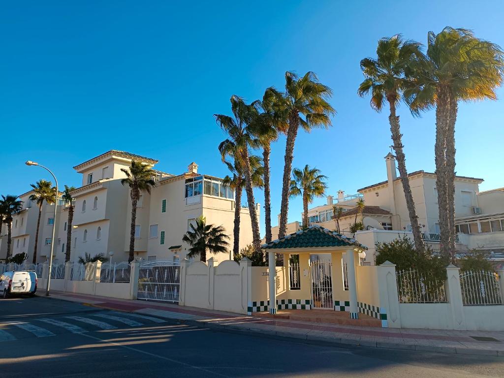 un edificio con palme di fronte a una strada di MAISON ENTIERE AVEC PISCINE, WIFI, GRAND SOLARIUM ET TERRAIN ARBORE a Orihuela