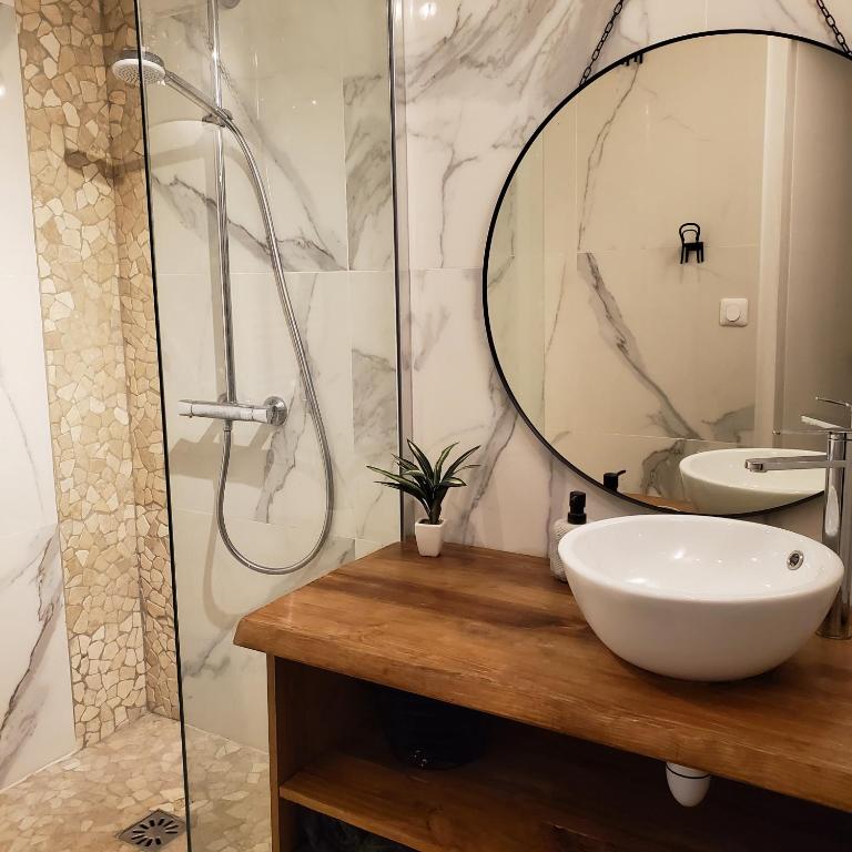 une salle de bain avec un lavabo et une douche avec un miroir dans l'établissement Joli T4 rénové climatisé entre St Charles/le Vieux-port, à Marseille